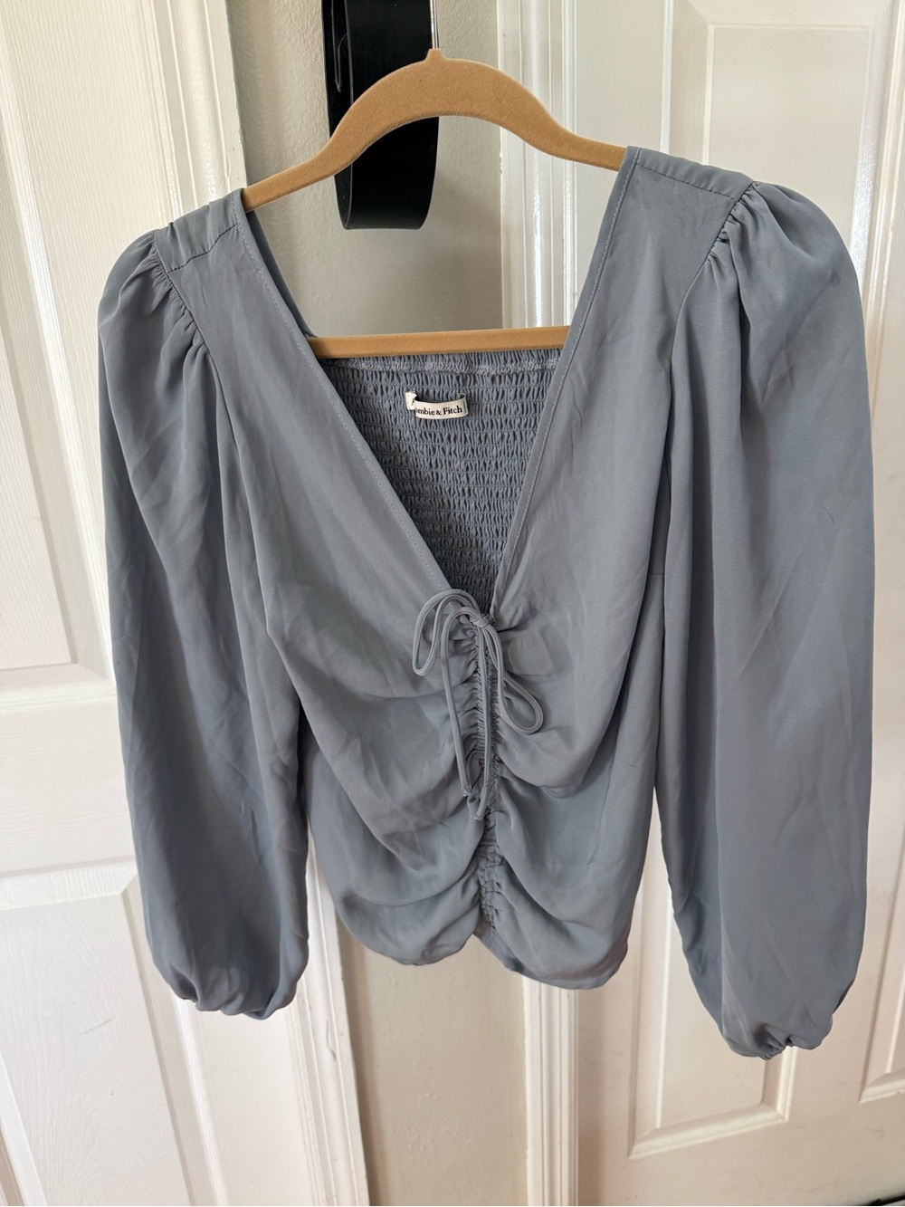 Abercrombie & Fitch Slate Bluish Gray Ruched V-Neck Long Sleeve Top